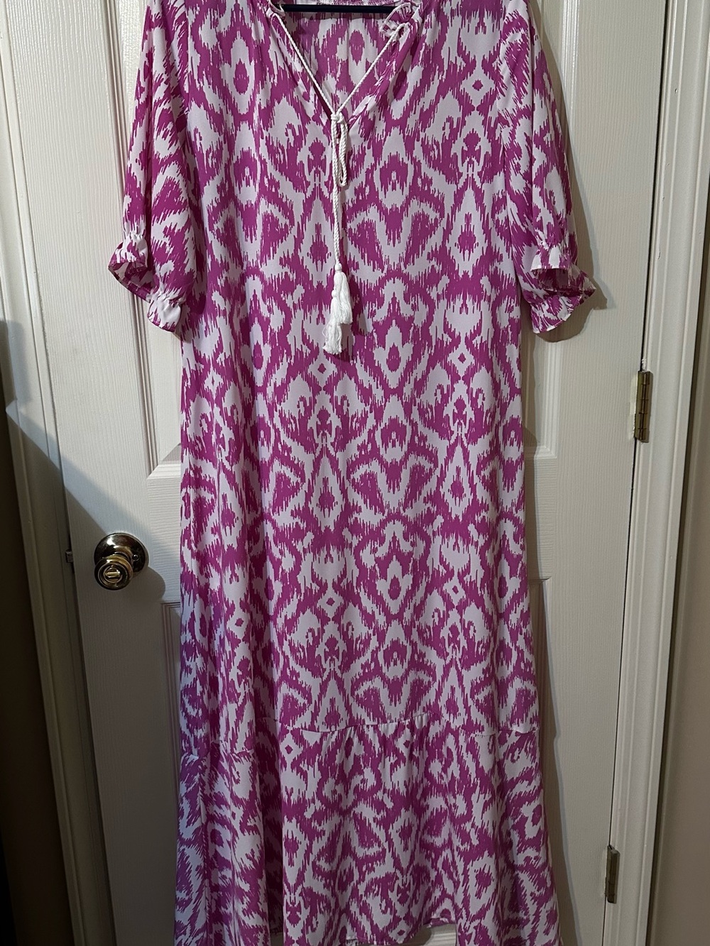 Ashley By 26 International Fuchsia and White Ikat Maxi Dress with Tassel Tie
